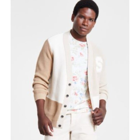SUN + STONE Men's Chunky Knit Cardigan Cotton Collegiate Grandpacore Preppy M - Picture 1 of 6